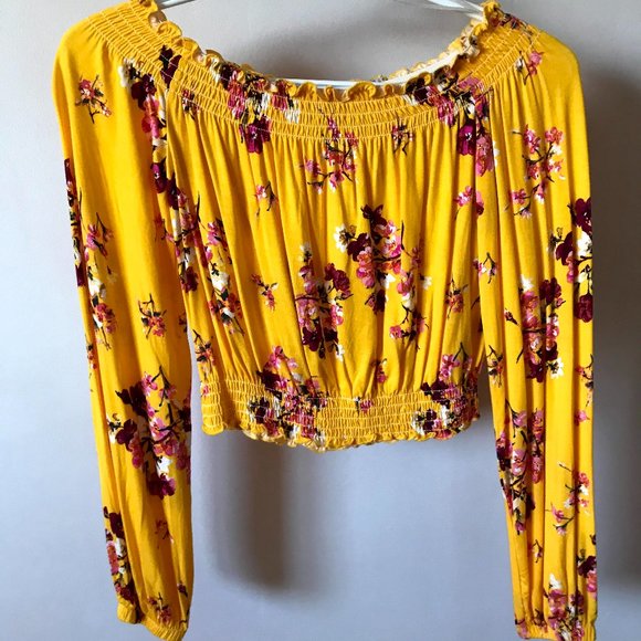 H&M Divided Yellow Long Sleeve Off-the-shoulder Top With Pink Floral Detailing - Picture 1 of 2